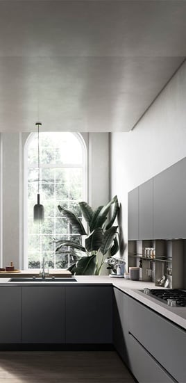 Open moderne witte en grijze keuken in L-vorm door Sébastien PRIELS | Raison Home - 2