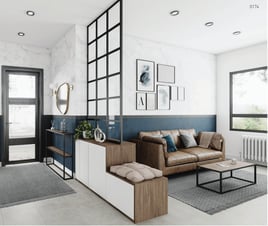 Salon bleu, bois et blanc avec verrière à Le Cannet | Raison Home - 1