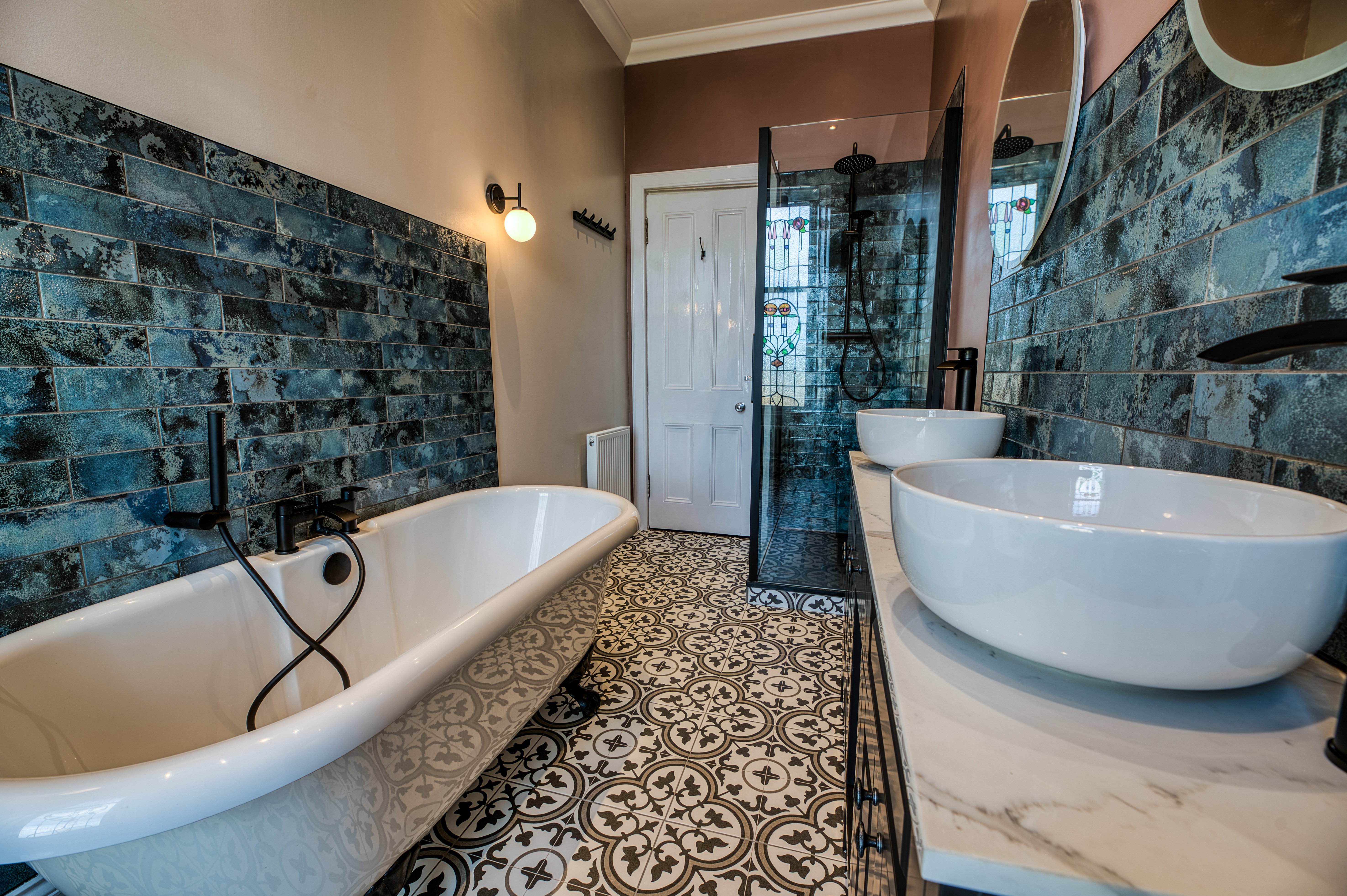 Stunning Blue and Pink Galley Bathroom 1
