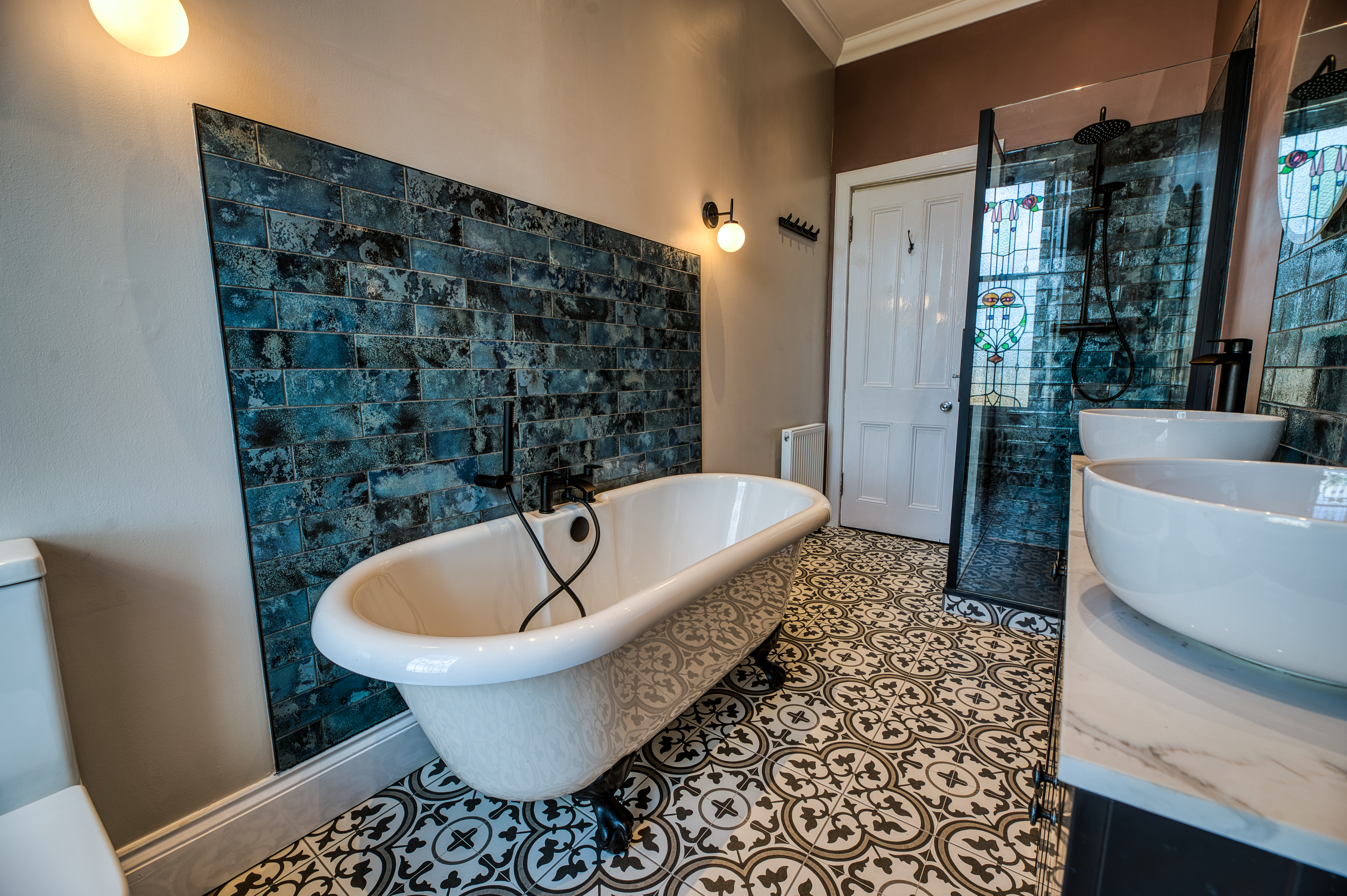 Stunning Blue and Pink Galley Bathroom 6
