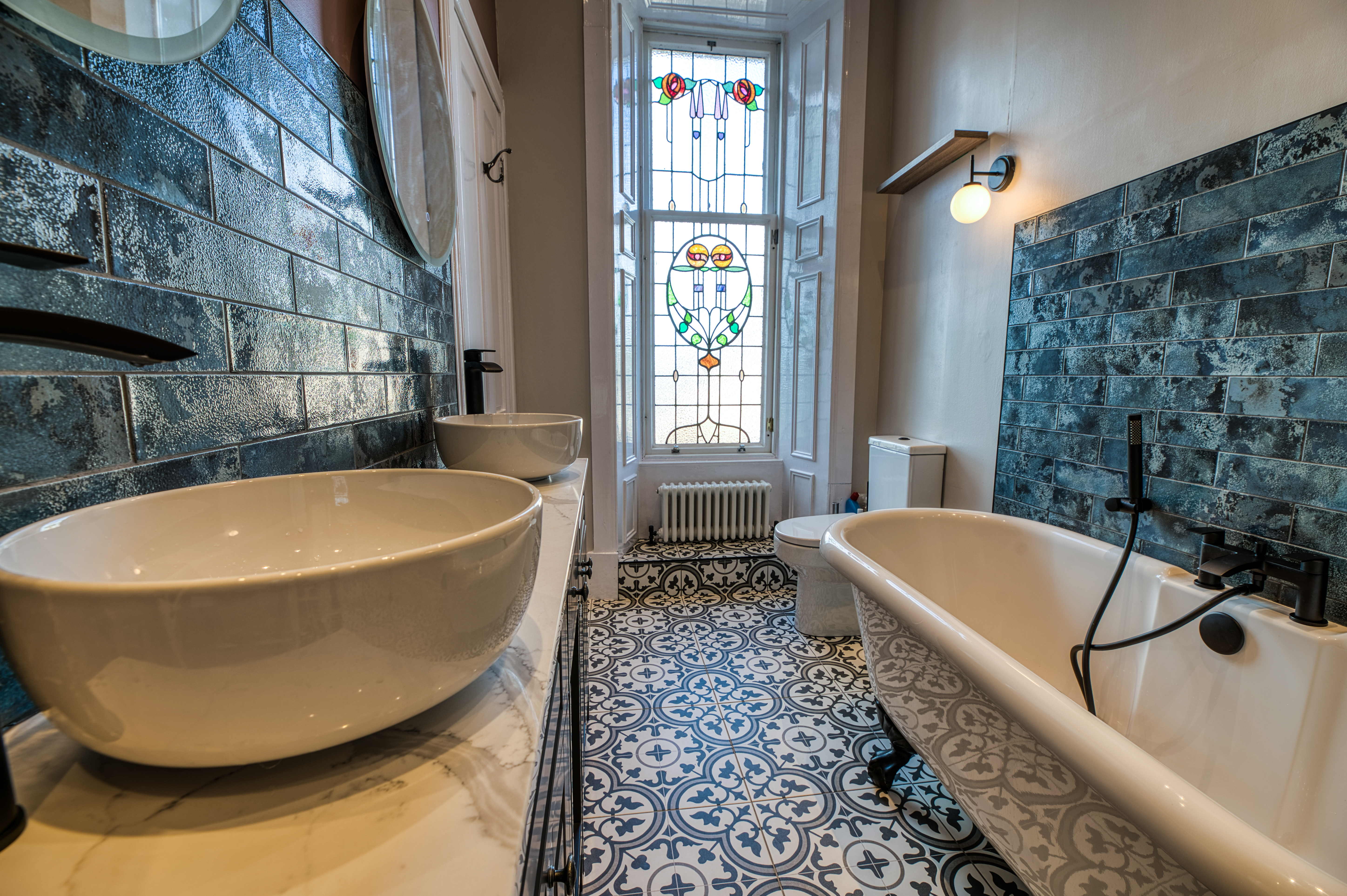 Stunning Blue and Pink Galley Bathroom 4