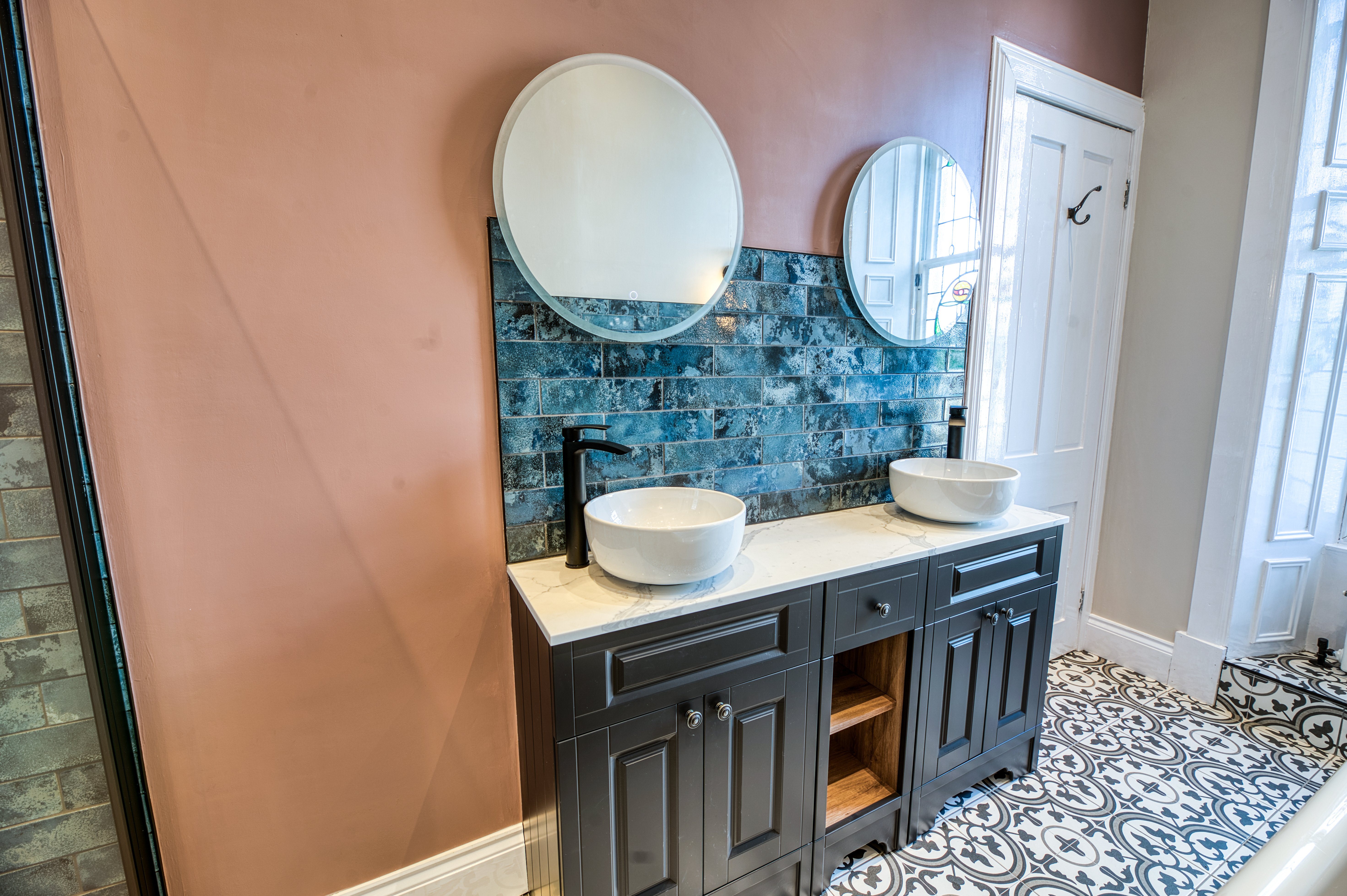 Stunning Blue and Pink Galley Bathroom 3