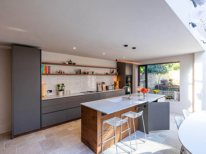 Charleston Gray with warm wood kitchen in Bath 1