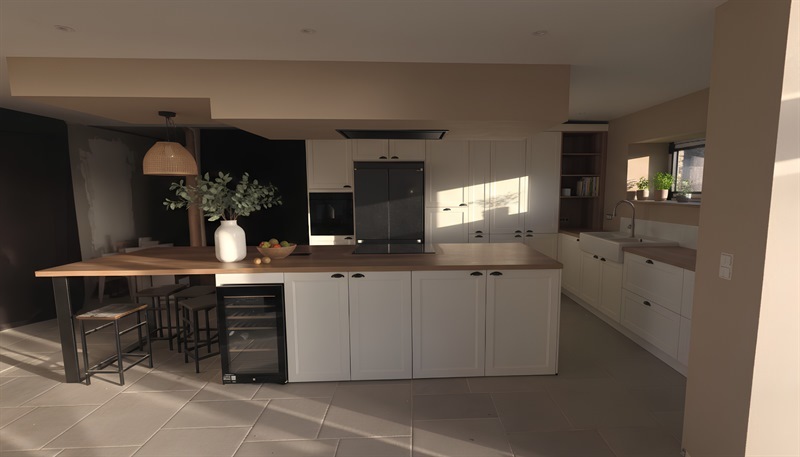 Cuisine ouverte de style campagne bois et blanc à Lincent | Raison Home - 1