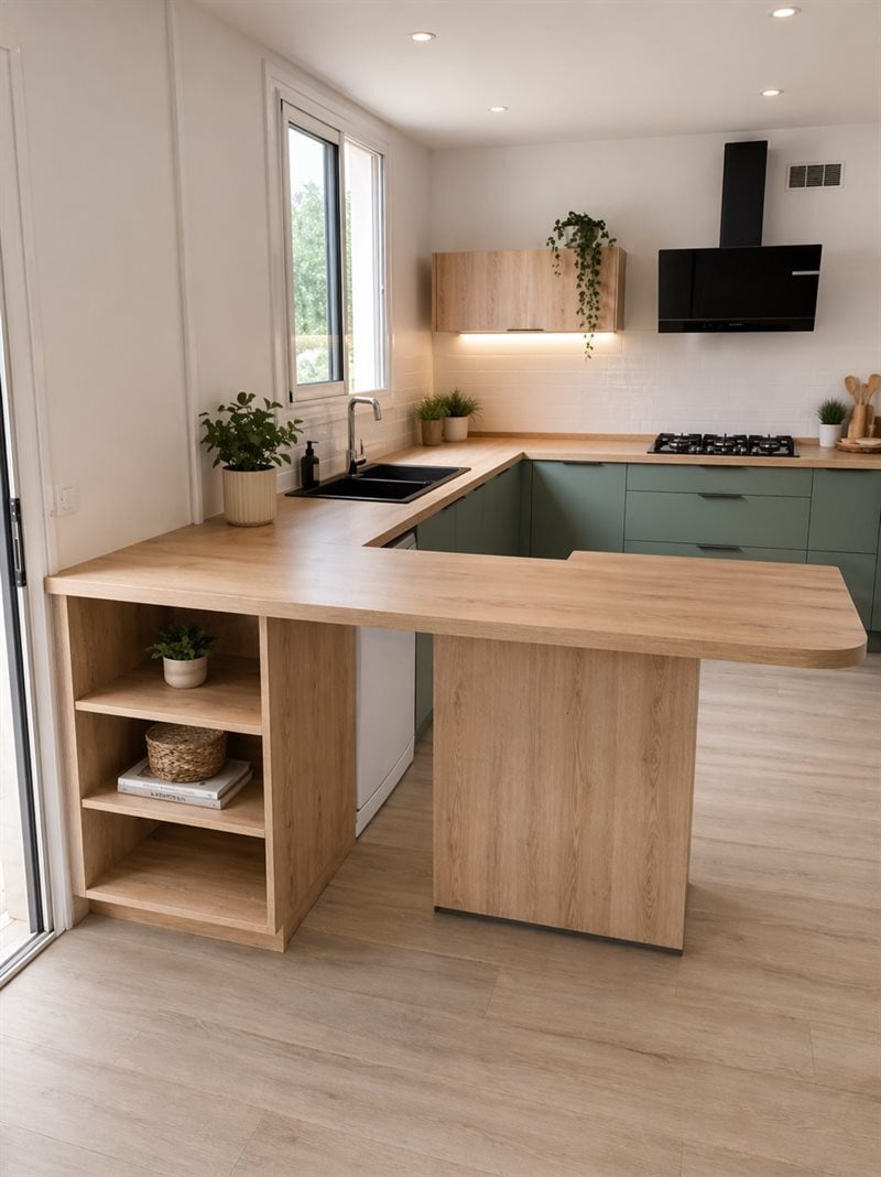 Cuisine ouverte de style nature vert à Saint-Joseph | Raison Home - 2