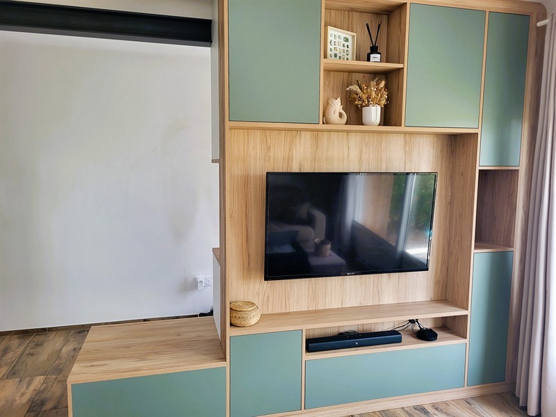 Salon-séjour ouvert de style moderne bois, blanc et vert à Montaigu 1