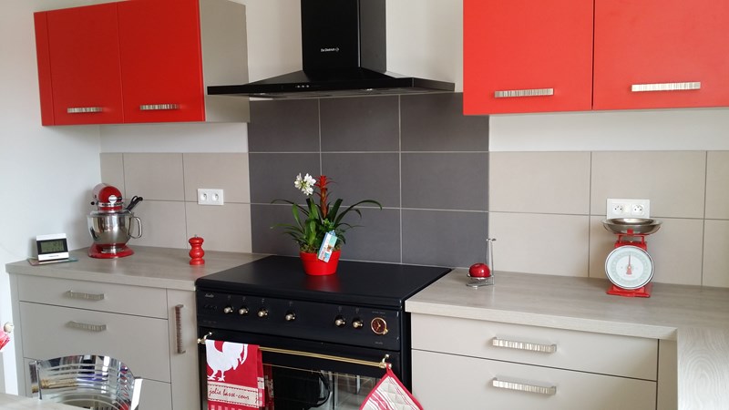 Cuisine contemporaine gris clair et rouge à Niort | Raison Home - 1