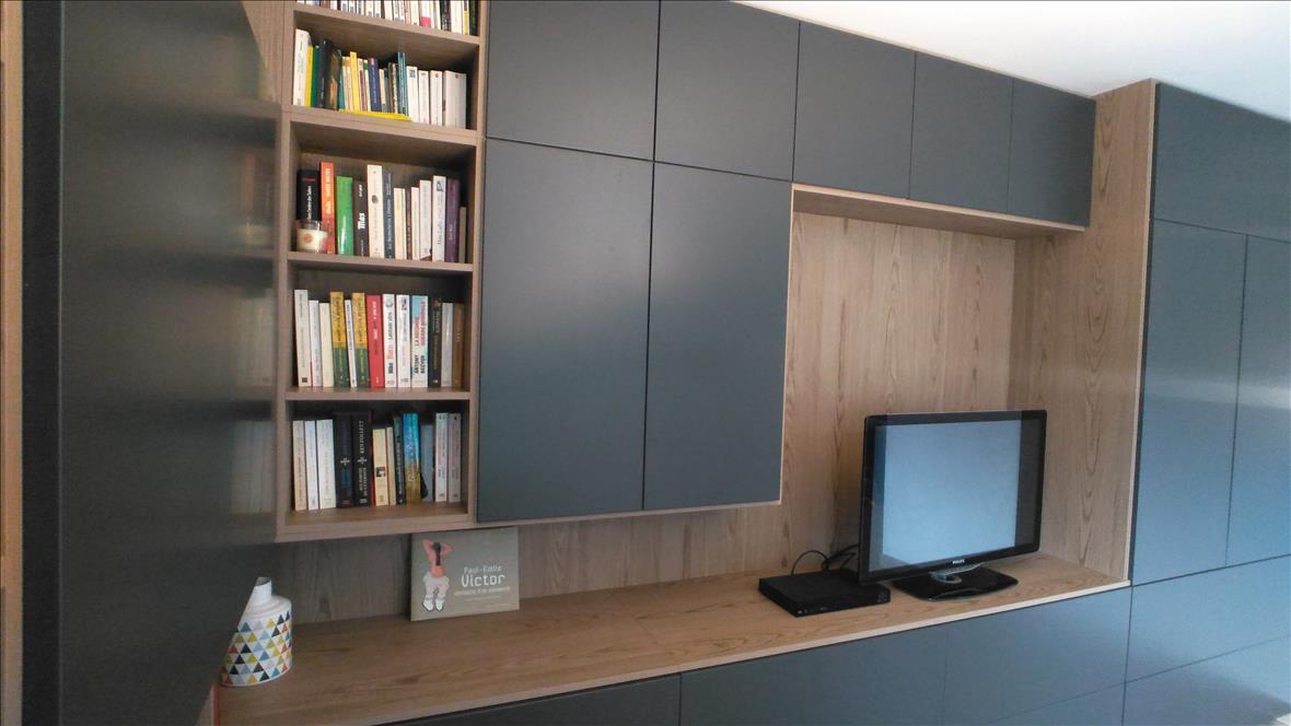 Bibliothèque et meuble TV de style contemporain bois, beige et gris à Guidel 3